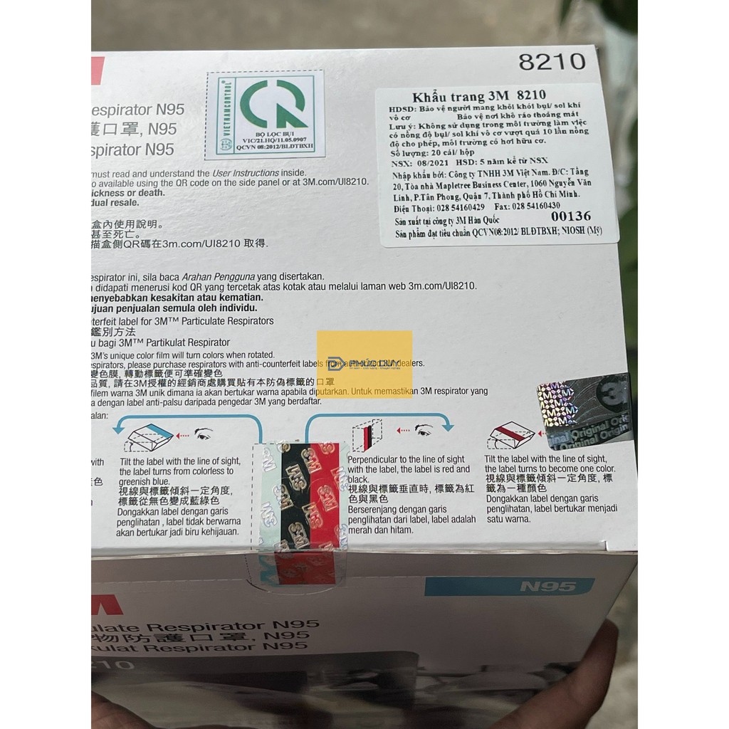 [CHÍNH HÃNG ] 1 CÁI Khẩu trang 3M 8210 CHUẨN N95 đeo qua gáy, Bụi Mịn PM 2.5, Ngăn Vi khuẩn