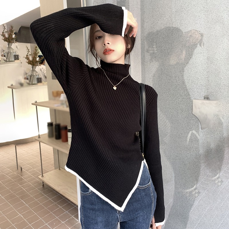 Áo Sweater Dệt Kim Cổ Lọ Tay Dài Dáng Ôm Thiết Kế Lệch Tà Thời Trang Quyến Rũ Cho Nữ