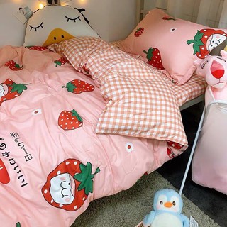 Bộ chăn ga gối drap giường chất cotton poly họa tiết Dâu kẻ 1