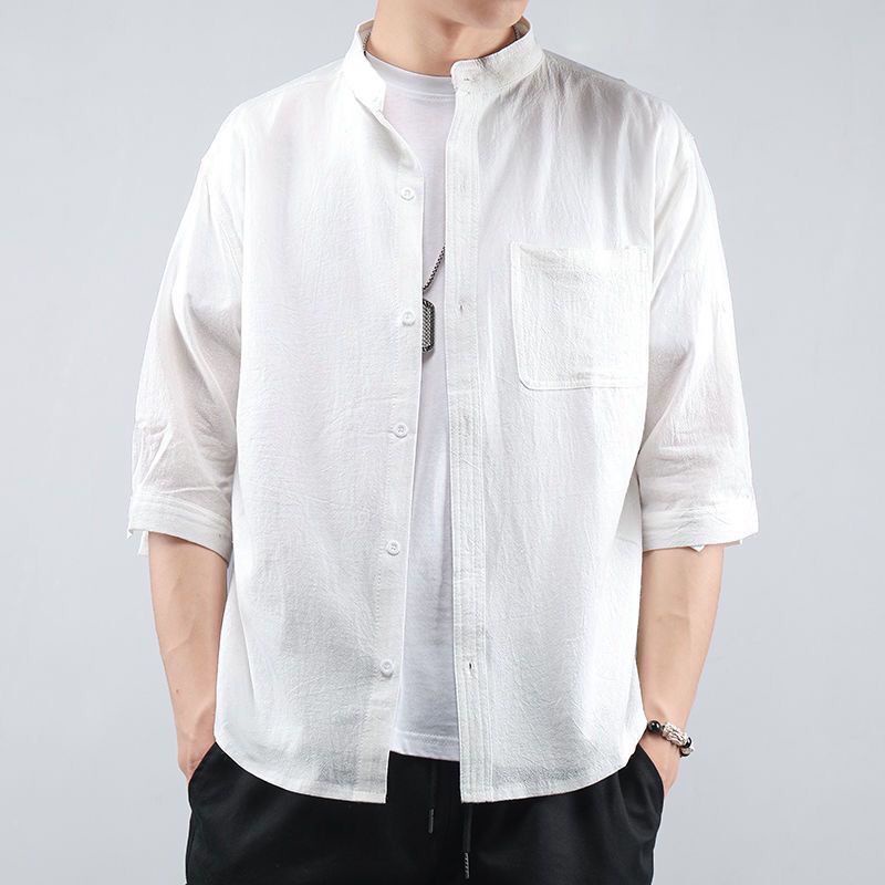 Áo Sơ Mi Vải Lanh Cotton Dáng Rộng Ngắn Tay Phong Cách Trung Hoa Thời Trang Nam