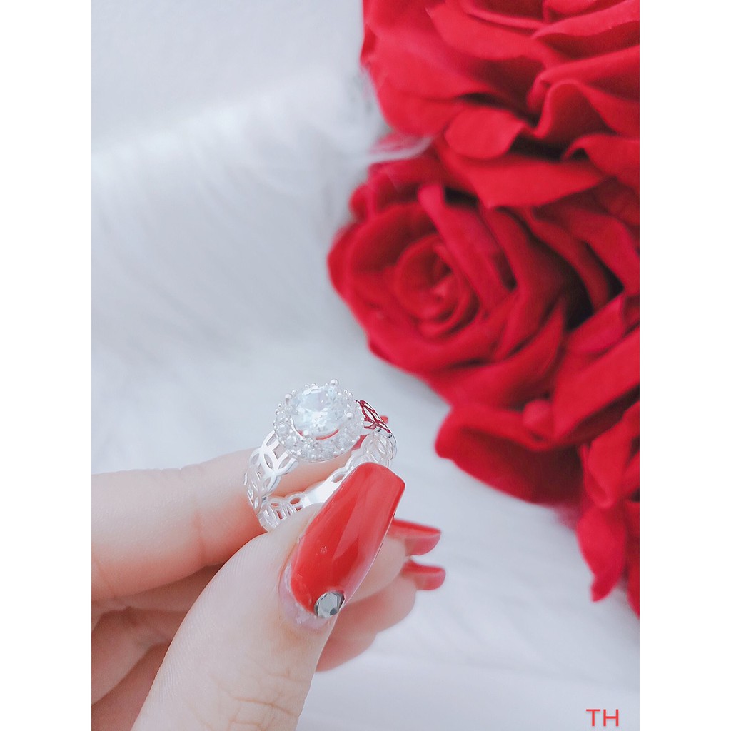 Nhẫn kim tiền bạc ta cho nữ thân dày dặn gắn đá tròn - Nhẫn bạc bibi
