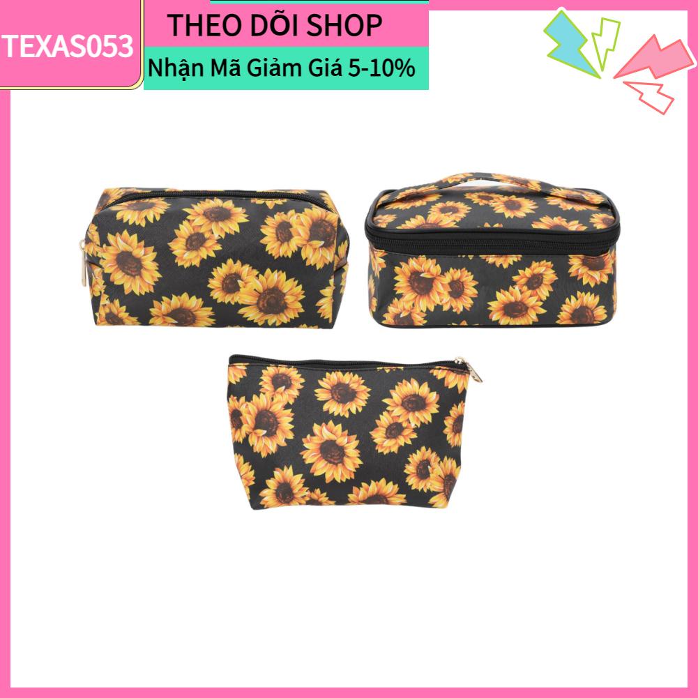 [Hàng mới về] Set 3 túi hướng dương dây kéo vàng đựng đồ vệ sinh mỹ phẩm du lịch không thấm nước