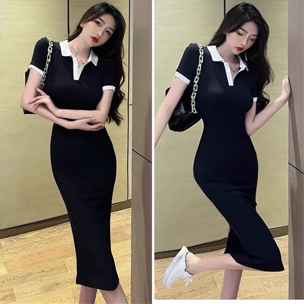 Đầm Nữ Dáng Dài Cổ Bẻ, Váy Polo Body Dáng Dài Màu Đen