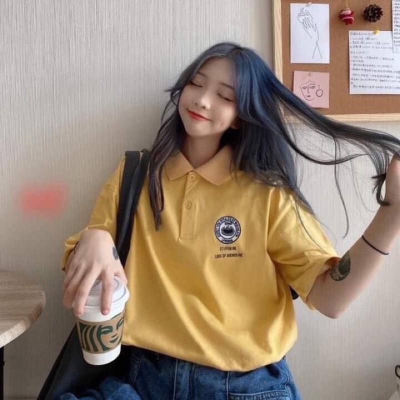 Áo thun tay lỡ có cổ dạng polo basic LoGo ngực màu vàng cực nổi bật mùa hè, áo thun