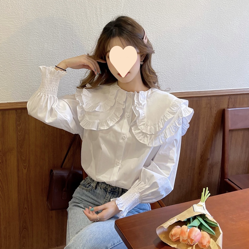 Áo sơ mi trắng cổ bẻ tay chun siêu đẹp điệu nữ tính A056 Áo kiểu nữ babydoll cổ bèo tầng sen to tay dài tiểu thư nhiều m