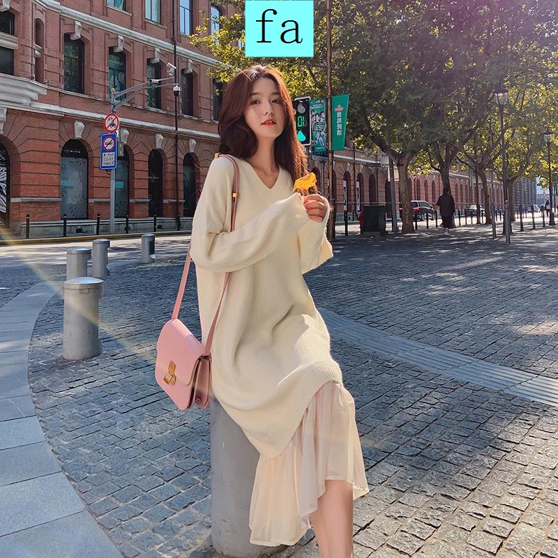 Đầm Maxi Len Nữ Dáng Suông Tay Dài Cổ Tròn Rộng Rãi Váy Dệt Kim Chân Phối Voan Mùa Thu Đông Ấm Áp Thanh Lịch