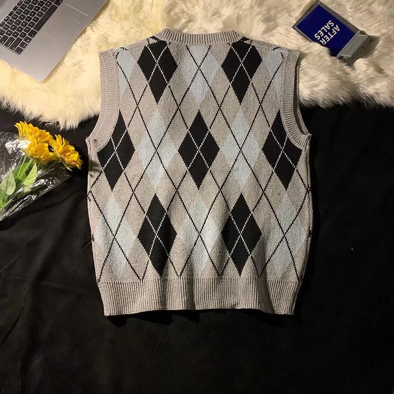 Áo Sweater Dệt Kim Sát Nách Dáng Rộng Cổ Chữ V Sọc Ca Rô Màu Sắc Tương Phản Retro Xuân Thu Cho Nam