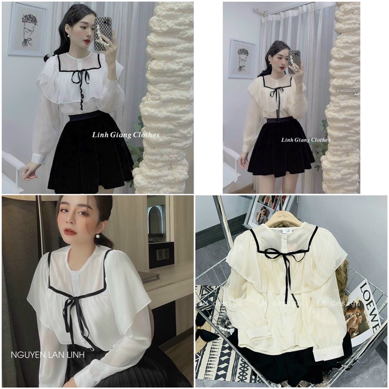 ❤️FREESHIP❤️Áo sơ mi nữ bánh bèo nơ ngực.Sẵn màu trắng và da .đẹp Uy Tín