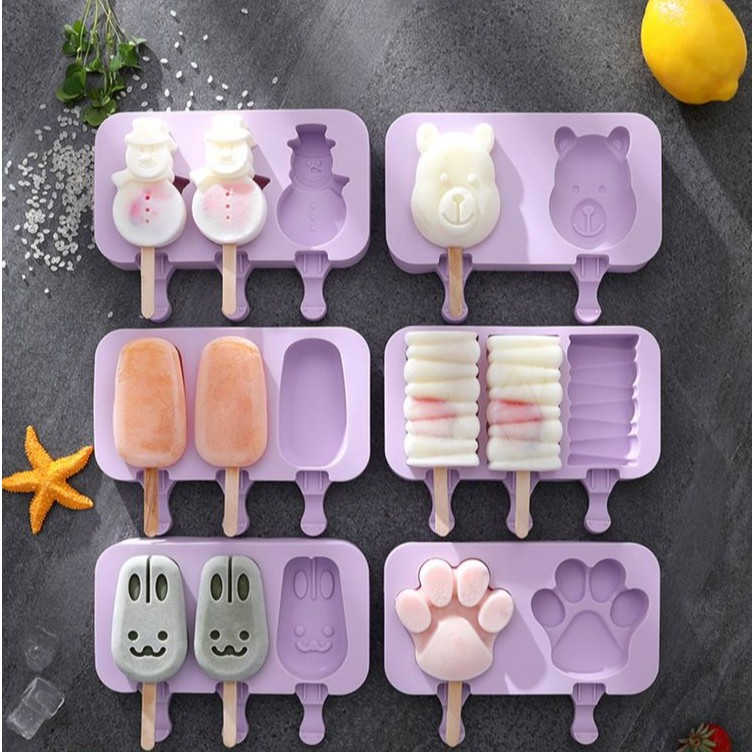 Khuôn Làm Kem Que 3 Ô Chất Liệu Silicone An Toàn, Khay Làm Kem Tại Nhà Nhiều Hình Dễ Thương