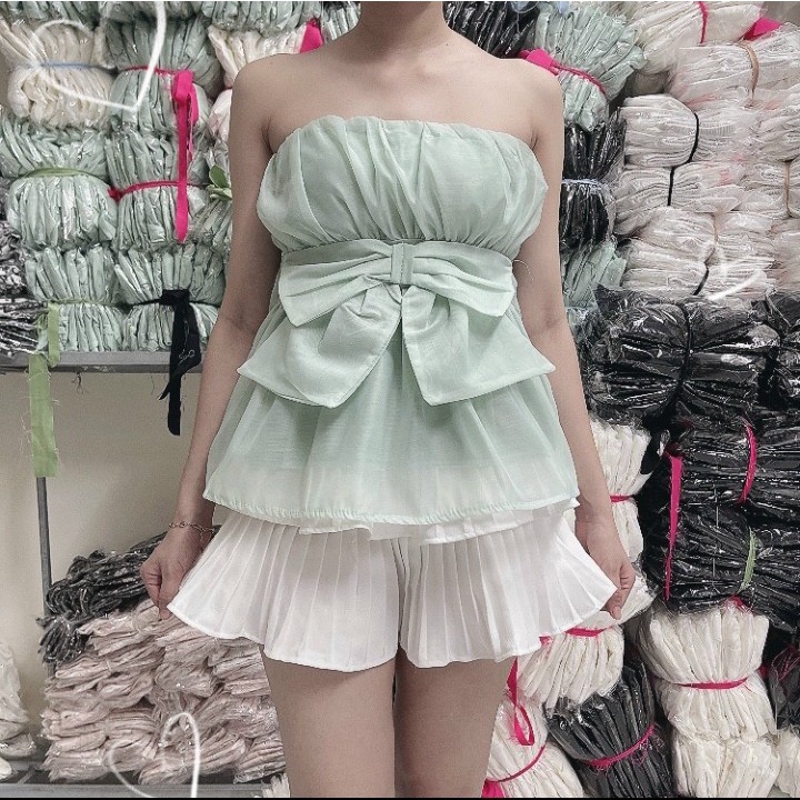 Áo cúp ngực hai lớp phối nơ có mút ngực chất Voan hàng y hình chính chủ ( Size 40-53kg )