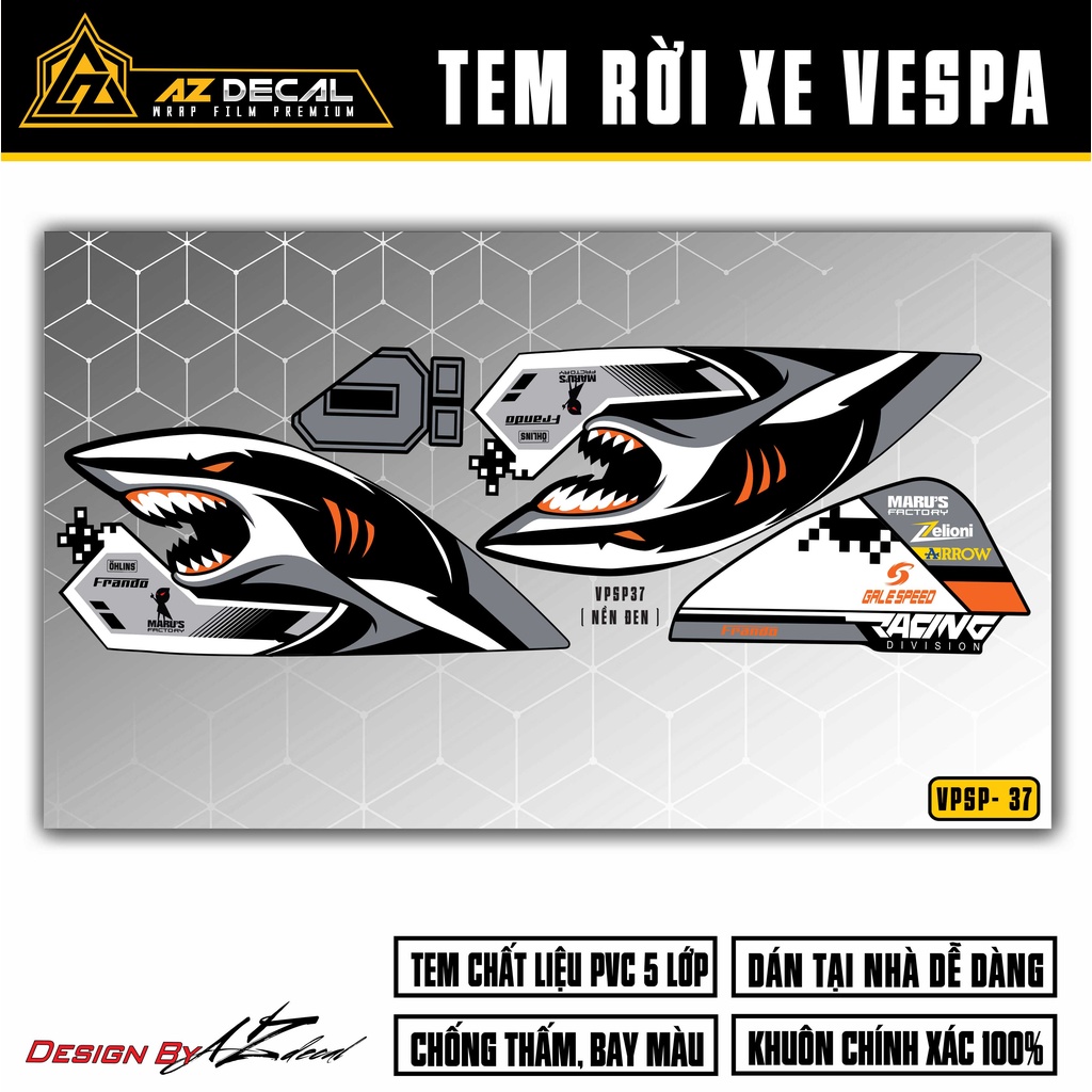 Decal Rời Xe Vespa Sprint / Primavera Phong Cách Cá Mập Maru's Factory | VPSP37 | Tem Chế Chống Nước, Dễ Dán