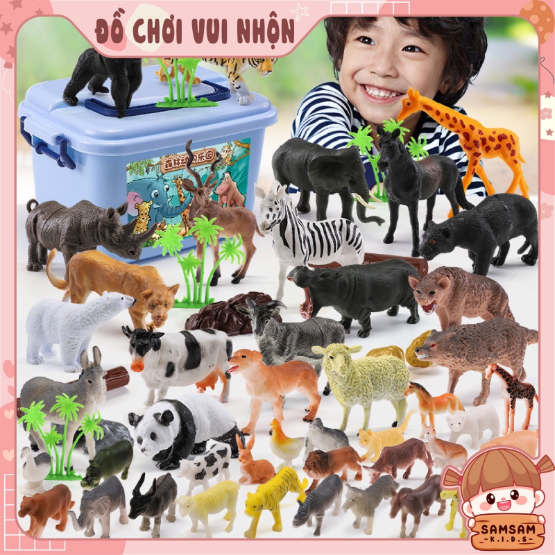 Hộp đồ chơi mô hình con vật cho bé khám phá thế giới động vật, bộ động vật và cây cối 58 chi tiết có hộp đựng