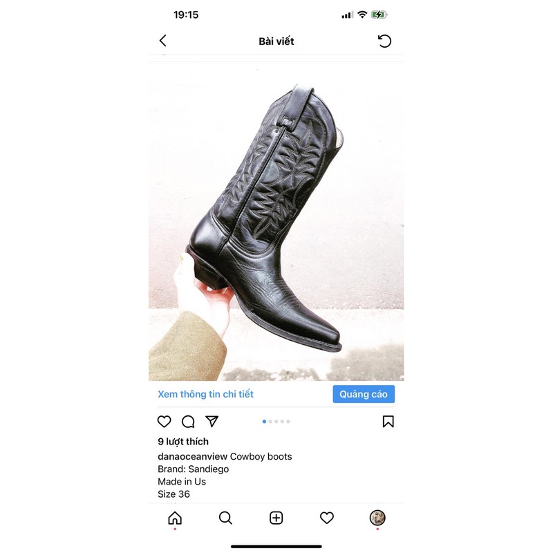 Giày bốt cao bồi cowboy boots da thật size 36