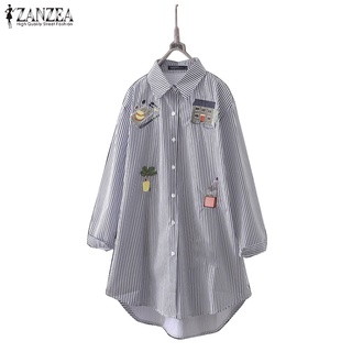 Áo sơ mi ZANZEA dài tay cổ bẻ dáng rộng in họa tiết kẻ sọc thời trang cho nữ
