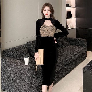 MỚI Đầm nhung phối lưới dáng ôm xẻ tà thời trang
