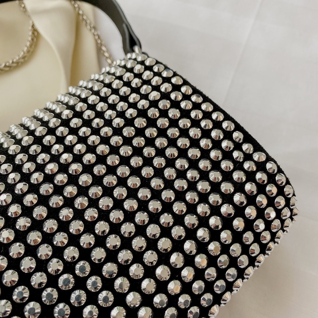 Túi Đeo JASMIN NOIR Chéo Nắp Gập Bằng Da PU Đính Đá Phối Dây Xích Thời Trang Nữ