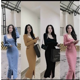 set đầm gân 2 dây hàng nút kèm áo khoác ngoài mềm mịn thu đông l