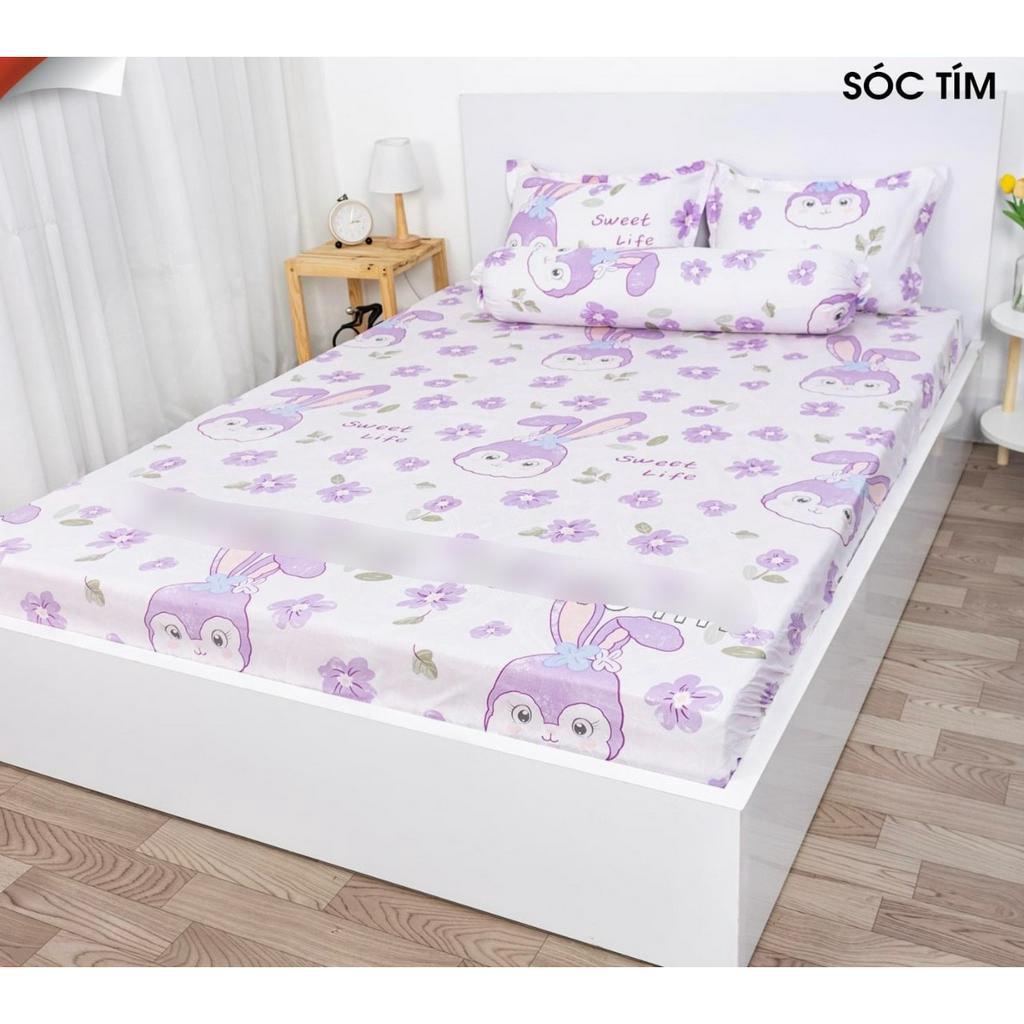 Bộ chăn ga gối Sóc Tím Cotton Poly, set chăn ga gối sóc tím cotton poly tặng kèm hạt xả vải