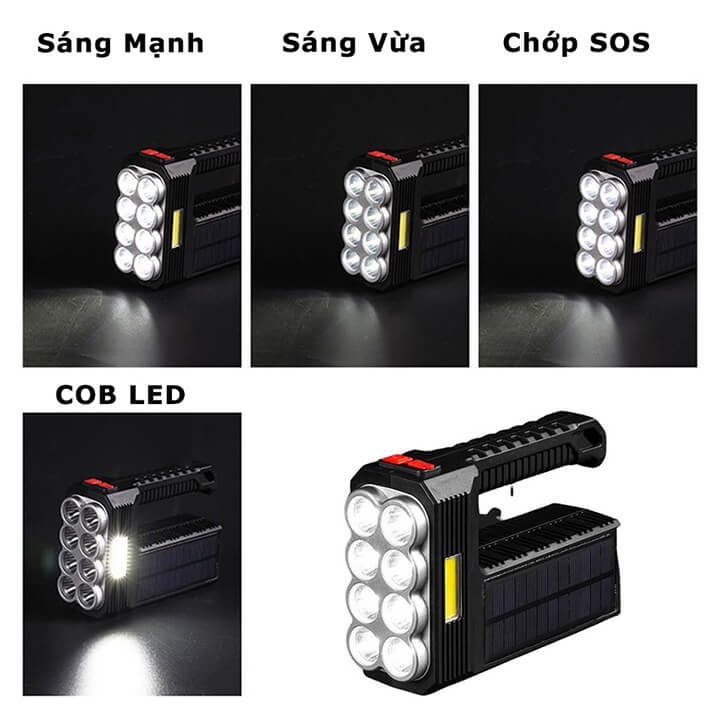Đèn pin cầm tay siêu sáng 8 bóng chiếu xa 300m, đèn pin Led sạc tích điện năng lượng mặt trời 4 chế độ, có