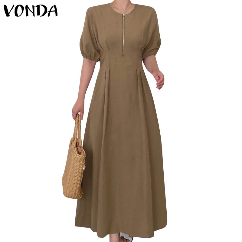 Đầm VONDA tay lửng ngắn cổ tròn màu trơn trang trí khóa kéo thời trang Hàn Quốc cho nữ