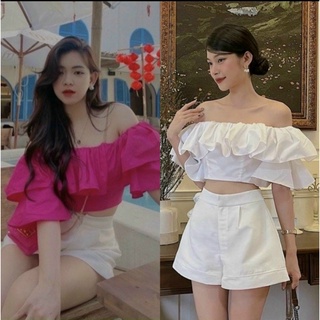 Áo kiểu tay ngắn bẹt vai tầng bèo phong cách dễ thương chất voan dày min C32