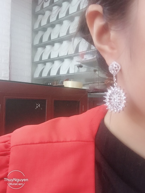 Khuyên tai bạc thật mạ vàng trắng đá nhân tạo cao cấp mẫu treo hoa full đá
