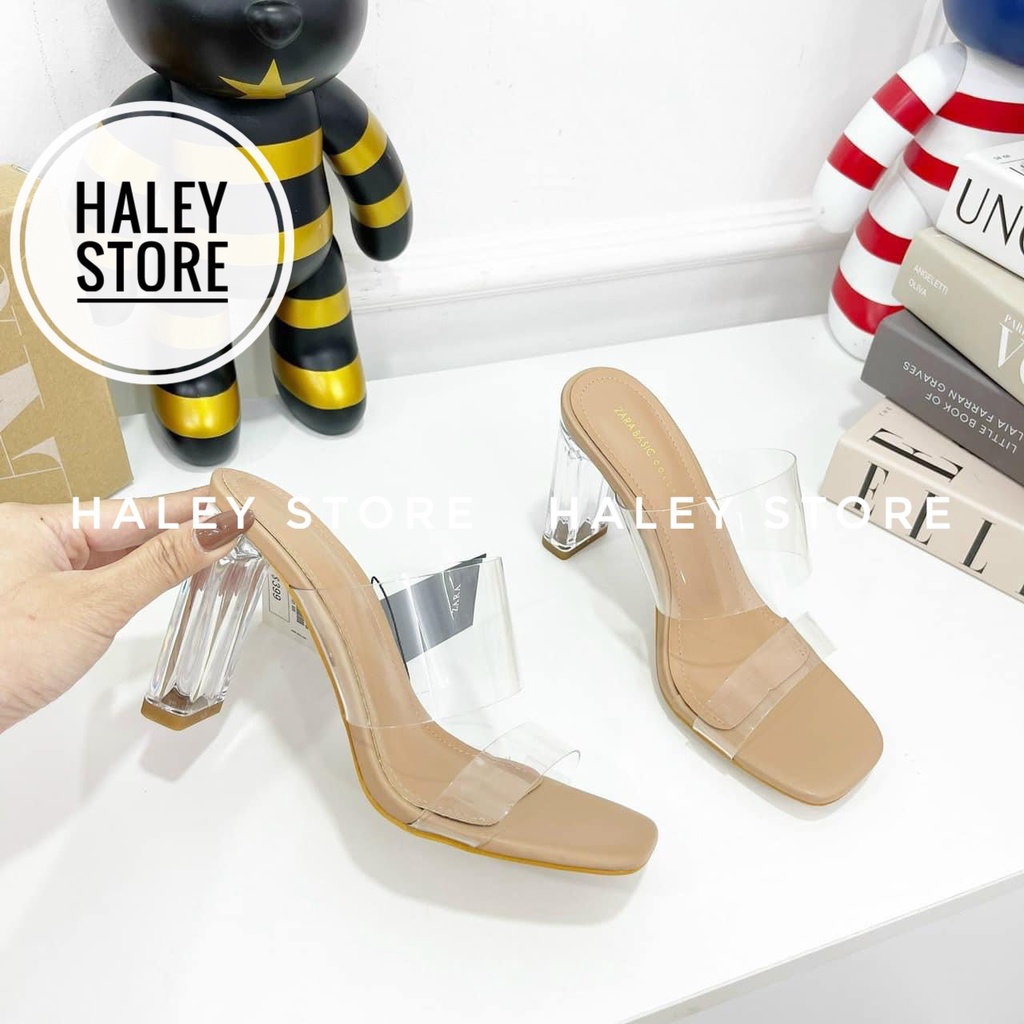 Guốc cao gót vuông 9cm quai ngang trong suốt dễ đi thời trang rẻ bền đẹp cá tính tiểu thư công chúa nude vuông