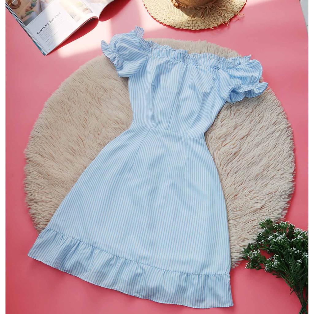 Đầm hở vai nữ xinh thiết kế bánh bèo xanh sọc nữ tính mềm nhẹ cho nàng chân ngắn may 2 lớp - Thời trang Lux W