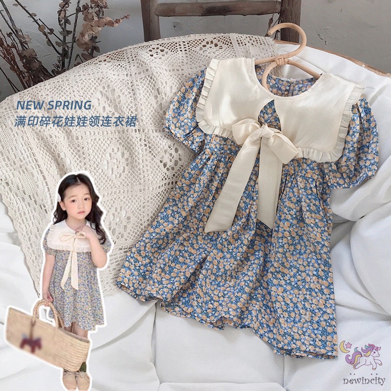 Đầm Tay Ngắn Thắt Nơ In Hoa Phong Cách Hàn Quốc Thời Trang Mùa Hè Cho Bé Gái