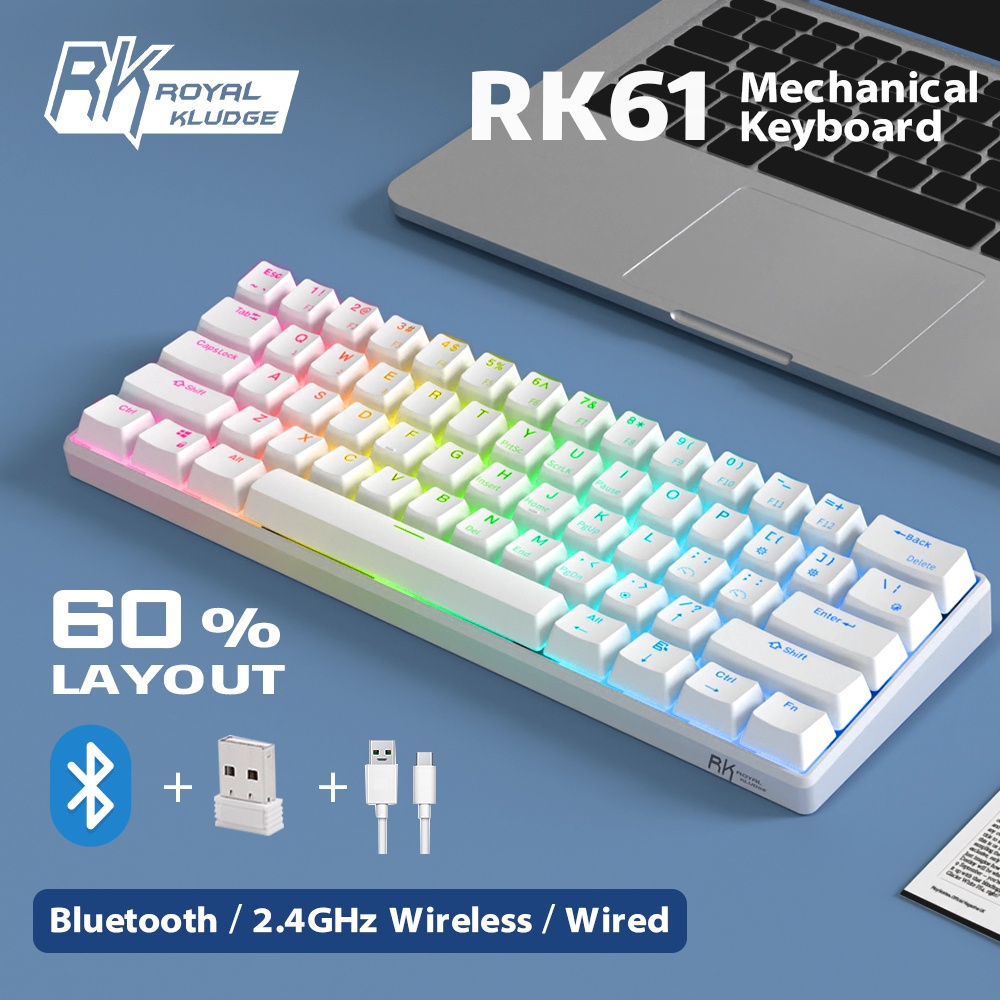 RK61 Mechanical Gaming Keyboard Bluetooth Wireless Bàn phím chơi game cơ học Bluetooth / 2.4Ghz Không dây / Có dây 60% 61 Phím Đèn nền RGB có thể thay thế nóng Bàn phím chuyển đổi màu đỏ / nâu / xanh lam Máy tính Red/Brown/Blue Switch Hot Swappable