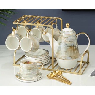 Bộ Ấm Trà - Cà phê kèm giá treo, Bộ Ấm Trà Sứ Xương Cao Cấp