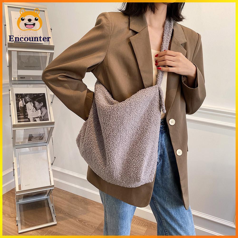 Fashion Plush Women Shoulder Messenger Bag Solid Big Capacity Shoulder Tote ○encounter○