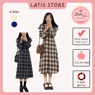 Váy Vintage Cổ V Dáng Dài, Đầm Vintage Họa Tiết Caro Dài Tay Latis Store Hàng Có Sẵn