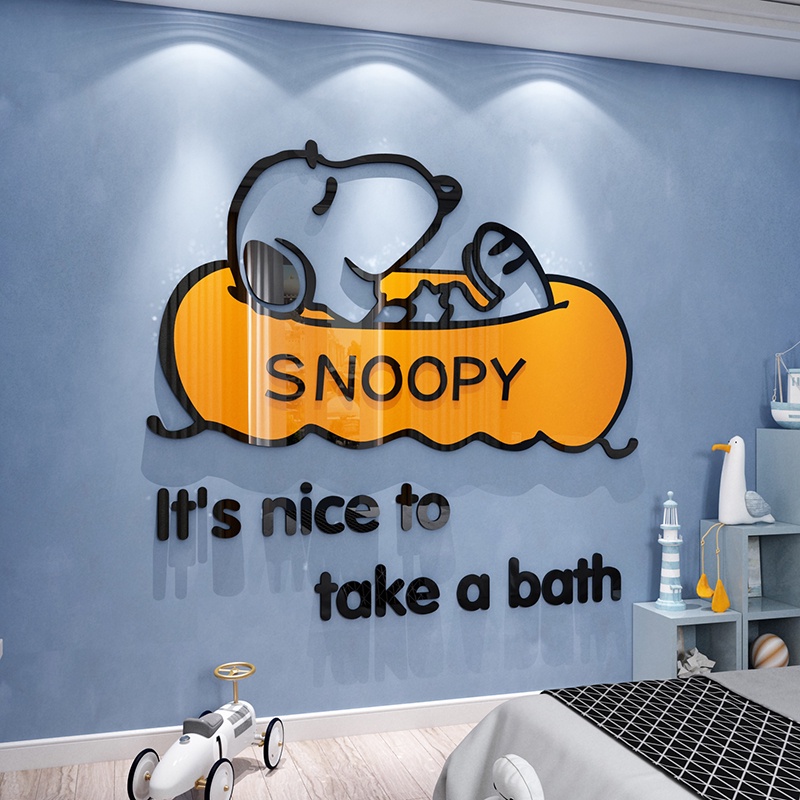 Tranh dán tường mica 3d decor SNOOPY đi bơi Trang trí phòng cho bé Nhiều Size - EPeBen