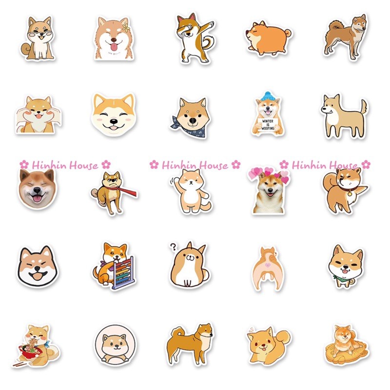 Set 50 Sticker PVC Chống Thấm Nước Hình Chú Chó Shiba Inu Dán Vali, Mũ Bảo Hiểm, Laptop, Guitar, Ô tô, Xe Máy,...