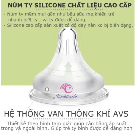 Bình Sữa Cho Bé Nhựa PPSU, Kichi Dung Tích 140ml Cổ Hẹp Có Quay Cầm ( Tặng Kèm 1 Núm )