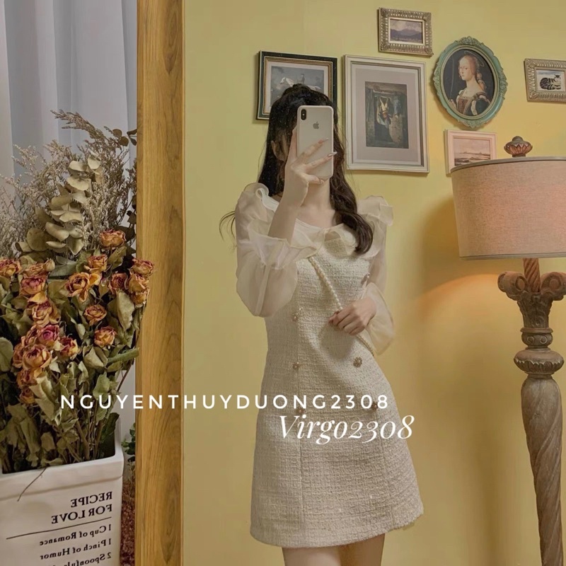 [HÀNG SẴN]VÁY DẠ TWEET TAY PHỐI TƠ CỔ BÈO TIỂU THƯ/ĐẦM DẠ PHỐI TƠ “YUZI DRESS” | BigBuy360 - bigbuy360.vn