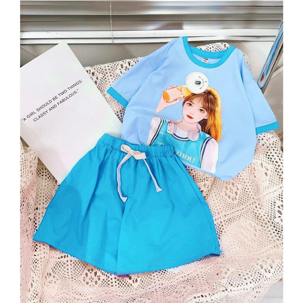 [15-45kg] Đồ bộ cộc tay mùa hè hình CÔ GÁI cho bé, Bộ bé gái size đại chất cotton