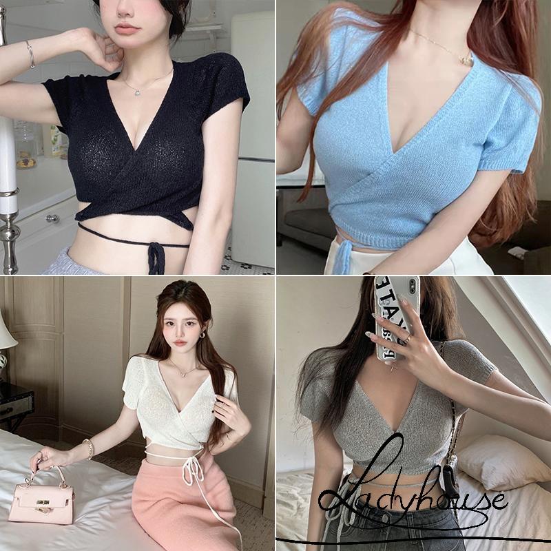 Áo Dệt Kim Tay Ngắn Cổ Chữ V Màu Trơn Thời Trang Dành Cho Nữ