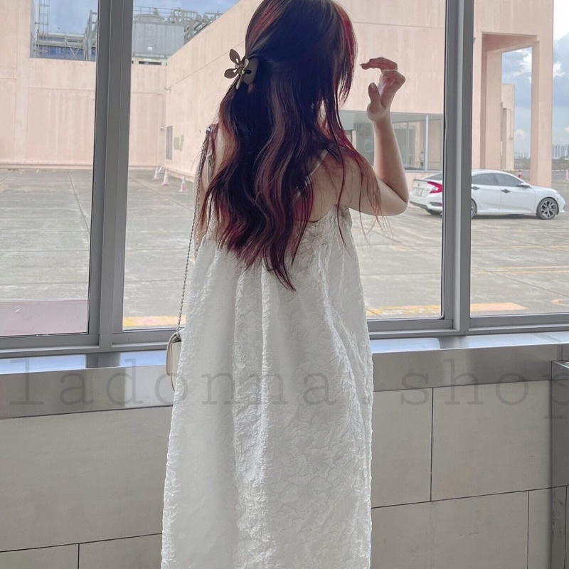 Đầm 2 dây baby doll vải gấm phối nơ