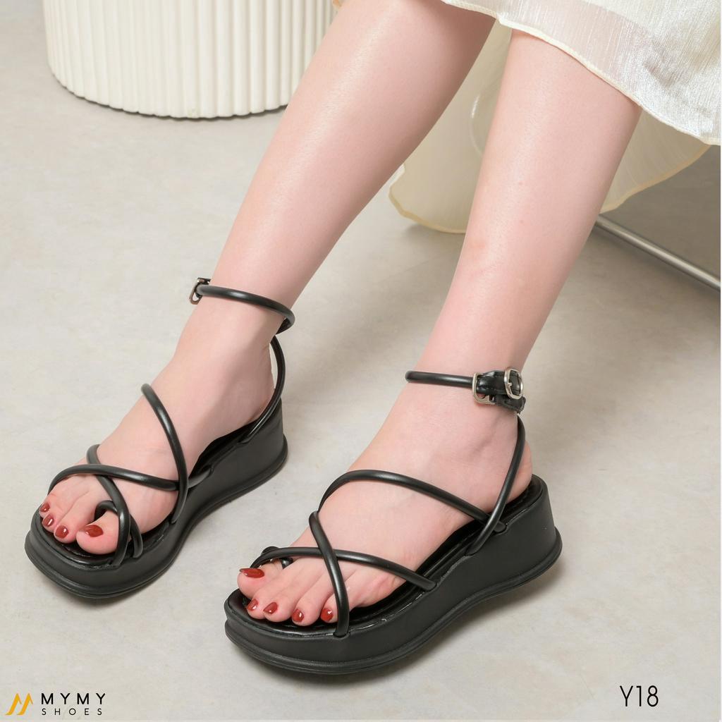 Dép Sandal dép nữ đế cao 5cm quai dây mảnh đan chéo xỏ ngón  đế xuồng màu đen trắng MyMyShoes Y18