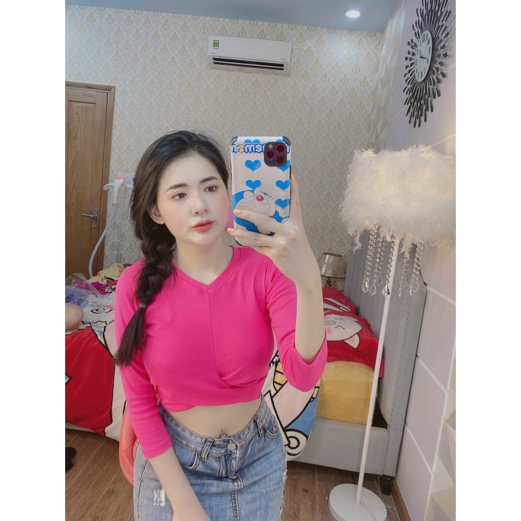 áo croptop xoắn eo tay dài hở rốn xinh