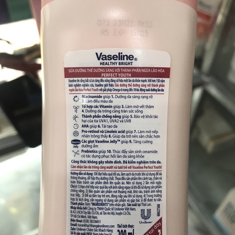 Sữa Dưỡng Thể Trắng Da Ngăn Ngừa Lão Hóa Healthy White Perfect 10 Vaseline 200Ml