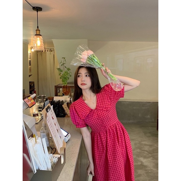 Váy Babydoll Kẻ Hồng Dáng Dài Siêu Xinh