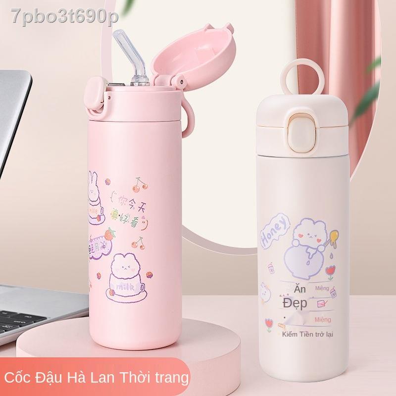 Cô gái hoạt hình cốc giữ nhiệt nước hạt đậu nảy phiên bản Hàn Quốc đơn giản và giá trị cao với ống hút cá