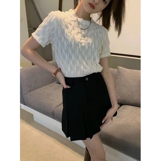 Áo Thun Nữ Ngắn Tay Cổ Tròn Phối Ren Thời Trang Hàn Quốc