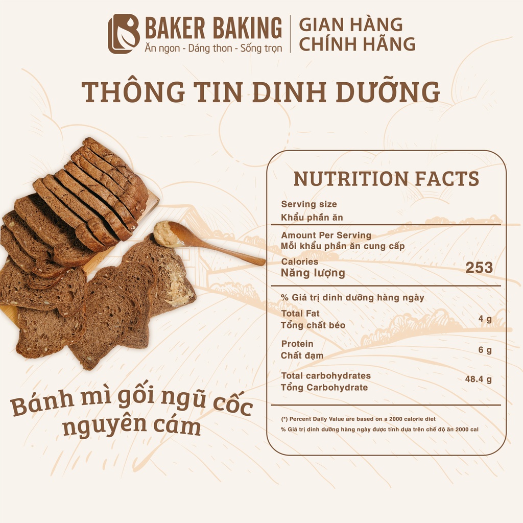 Bánh mì đen ngũ cốc nguyên cám Baker Baking không chất bảo quản, tốt cho sức khỏe