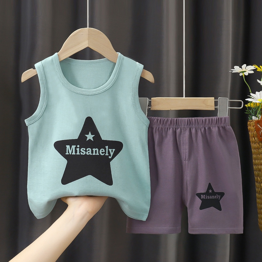 Bộ Đồ 2 Món Áo Dệt Kim Không Tay Quần Ngắn Vải Cotton Thấm Hút Mồ Hôi In Hoạt Hình Dành Cho Bé Trai Gái