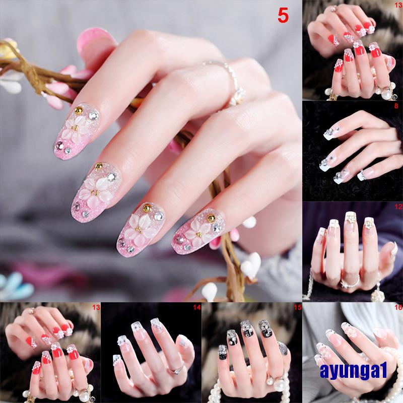[Hàng mới về] Bộ 24 móng tay giả màu trong suốt trang trí hoa xinh xắn thích hợp cho cô dâu diy