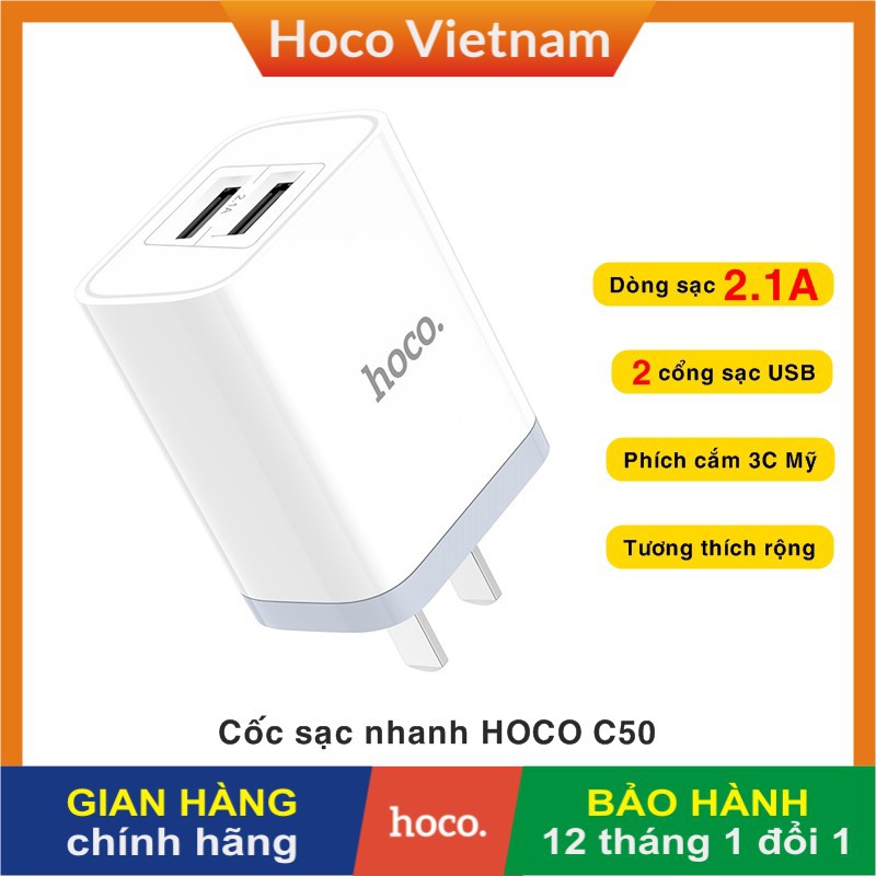 Củ cốc sạc CHÍNH HÃNG HOCO C50 2.1A 2 cổng USB cho điện thoại iPhone/ Samsung/ Oppo/ Xiaomi/ Huawei/ Vsmart/ Nokia/ Vivo